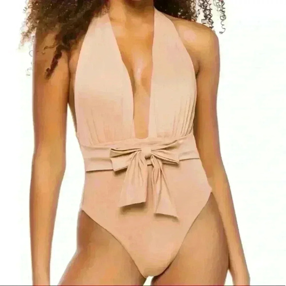We Wore What Sage Green Brooklyn Halter One Piece Swimsuit Plunge Bow Size L - Picture 7 of 7